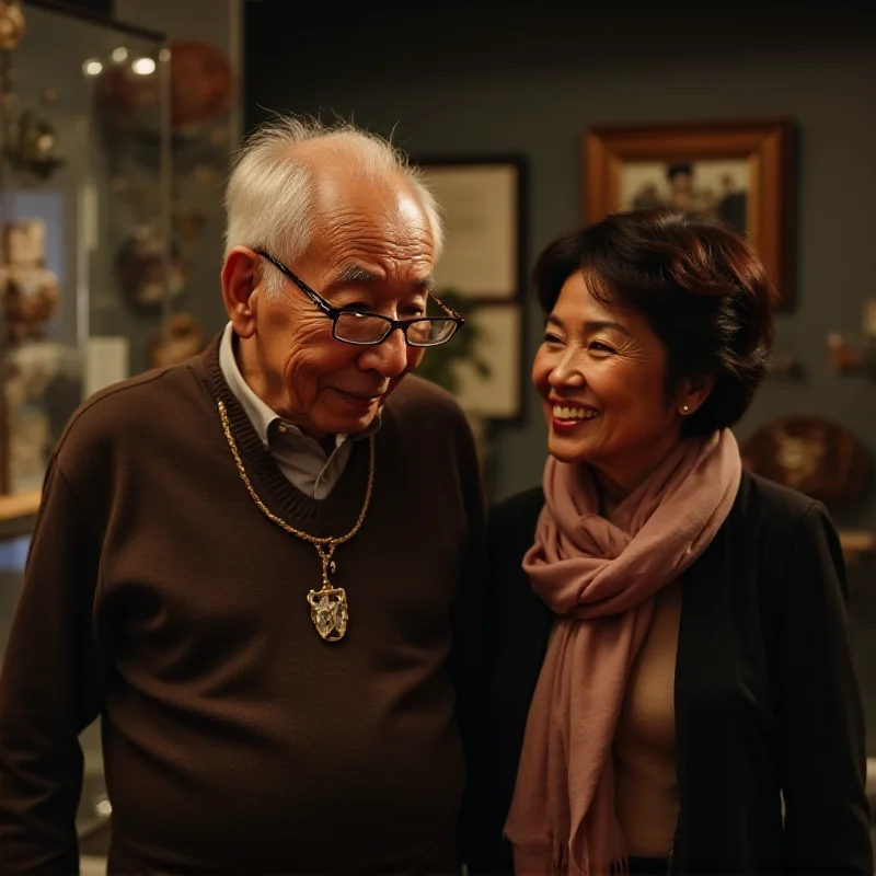 A person with dementia looking at an old museum exhibit with a caregiver, both smiling.