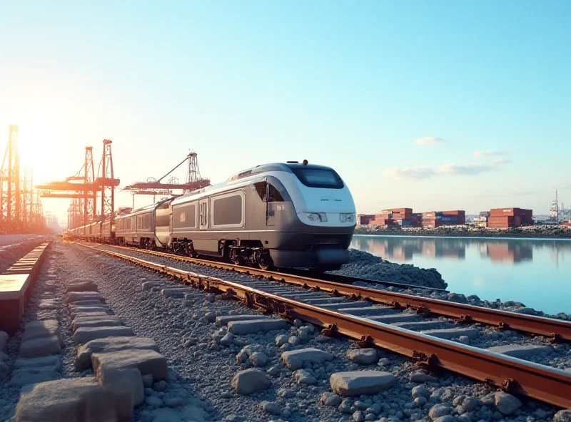 A modern cargo train moving along tracks, with containers being loaded and unloaded, representing the ECRL and cargo transport.