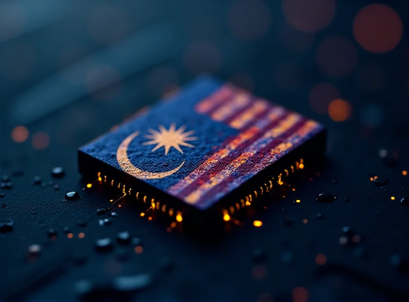 Close-up of a microchip with Malaysian flag colors subtly integrated into the design.