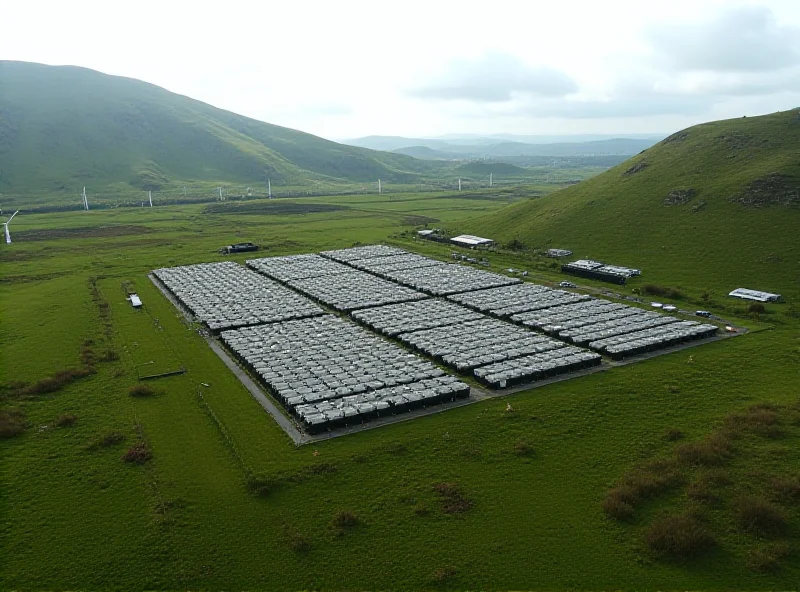 Aerial view of the Blackhillock battery storage site in Scotland, showing rows of battery containers and surrounding landscape.