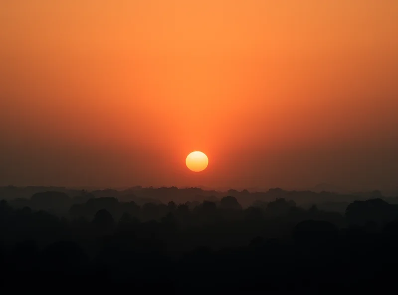 A hazy sunset over a forest in Southeast Asia, symbolizing the ASEAN haze issue.