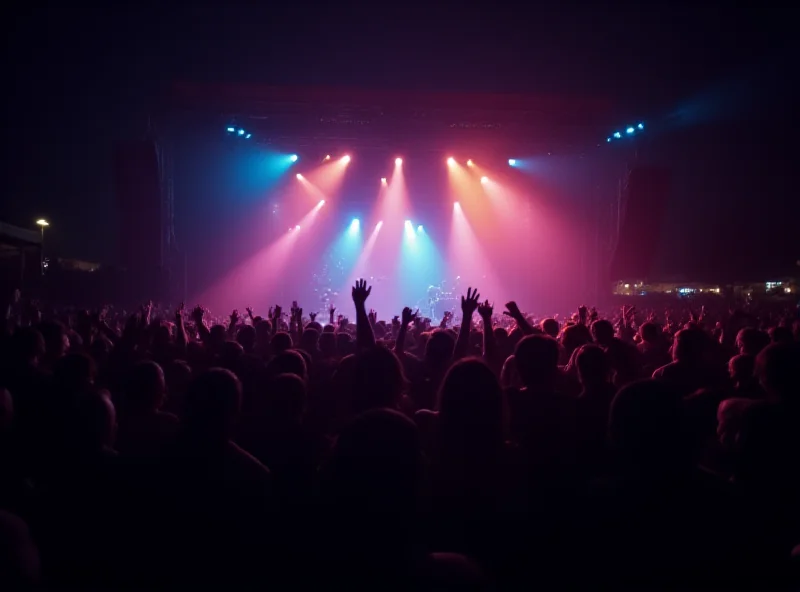 Crowd of people at an outdoor music concert at night with stage lights and a vibrant atmosphere.