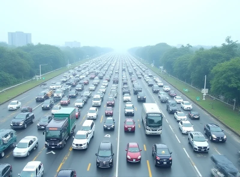 A long line of cars and buses waiting to cross the Johor-Singapore Causeway, depicting heavy traffic and congestion at the border checkpoint.