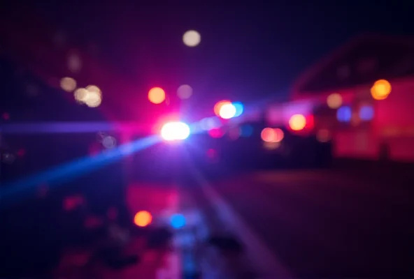 A blurred image of a car crash scene at night with police lights flashing, representing the tragic accident in Kuala Kurau.