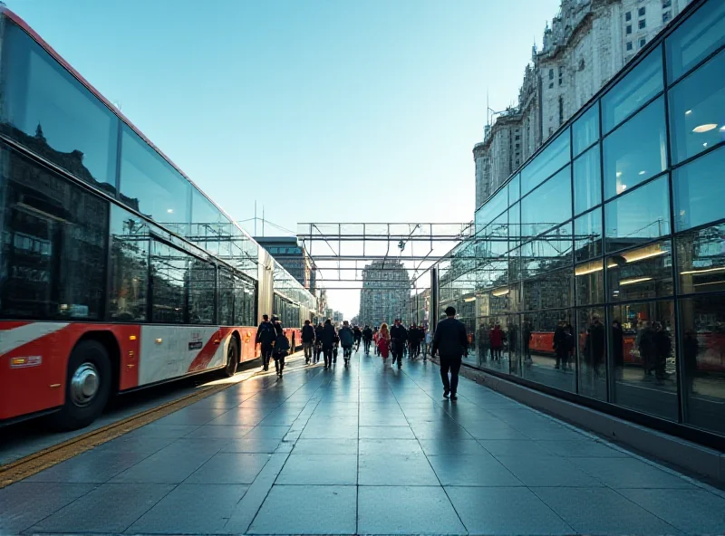 Exterior of a modern transportation terminal with buses and people.