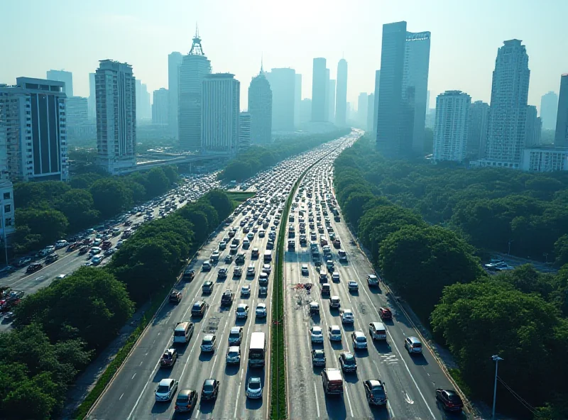 An aerial view of Kuala Lumpur city center during rush hour, showing heavy traffic congestion and a mix of modern buildings.