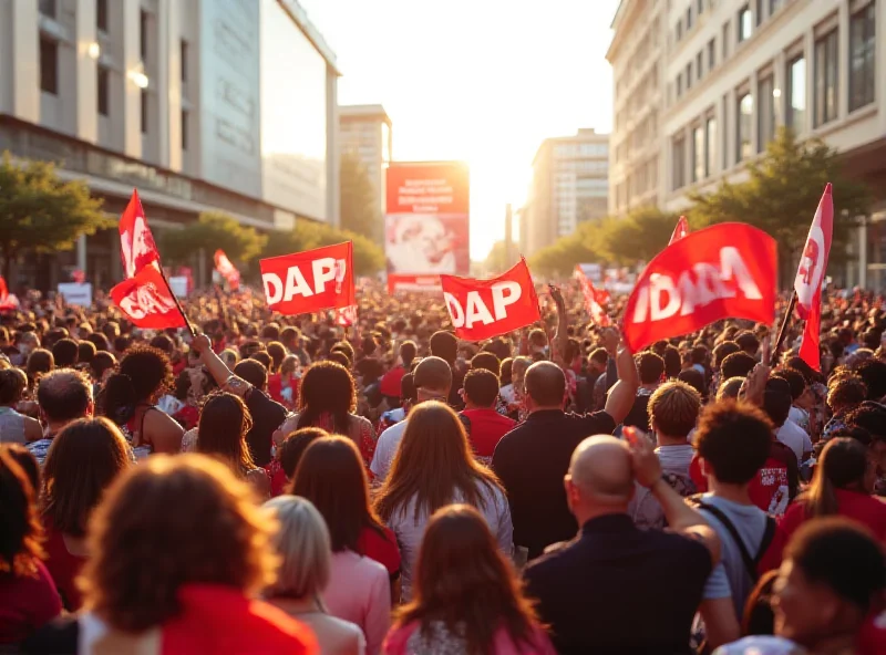 A diverse group of people gathered at a DAP political rally, waving party flags and banners, showcasing unity and support.