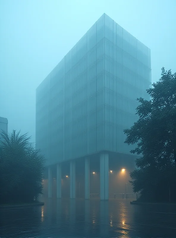 A somber scene depicting the exterior of the Ministry of Finance building in Kuala Lumpur, shrouded in a subtle fog, suggesting a serious and reflective atmosphere.