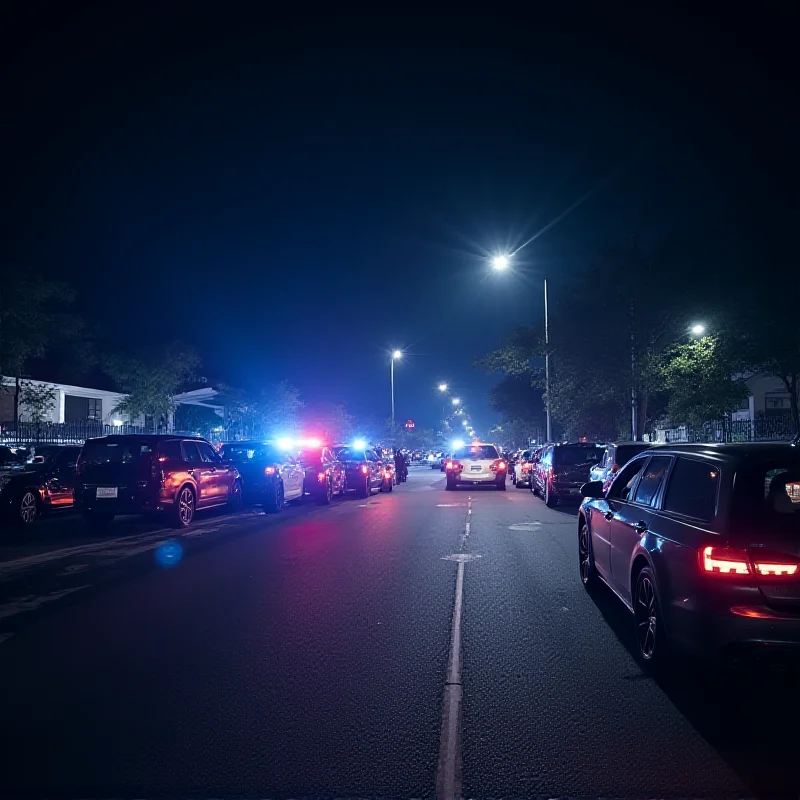 A nighttime street scene in Johor Baru, Malaysia, with police cars and flashing lights surrounding a sports complex, indicating an ongoing investigation of a recent crime.