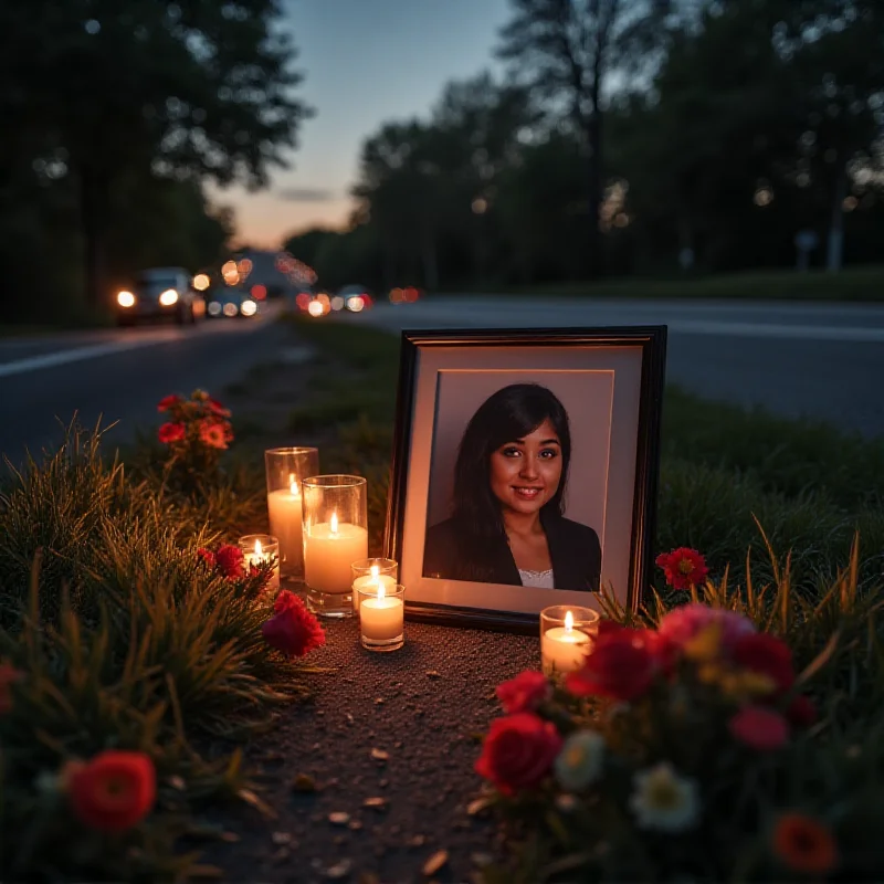 A somber scene depicting a roadside memorial with flowers and candles, symbolizing grief and remembrance.