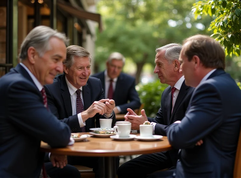 A candid shot of politicians chatting casually over coffee, suggesting reconciliation and informal discussions.