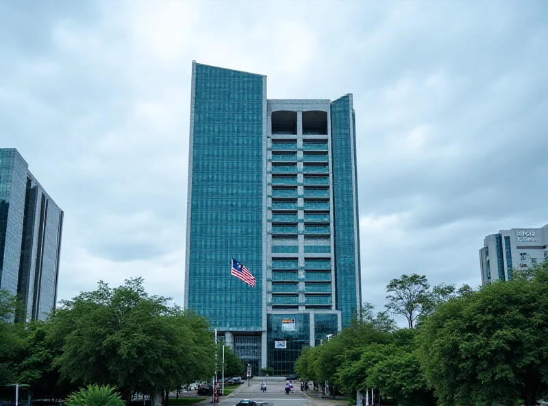 Exterior of the Malaysian Ministry of Finance building under a cloudy sky.