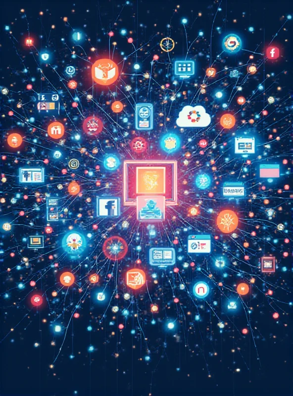 Abstract representation of interconnected digital networks and social media icons.