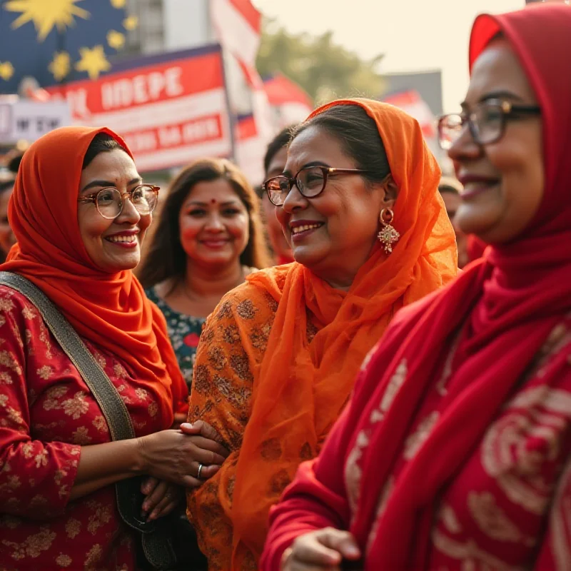 A diverse group of Malaysian women in traditional clothing, smiling and engaged in conversation at a political rally.