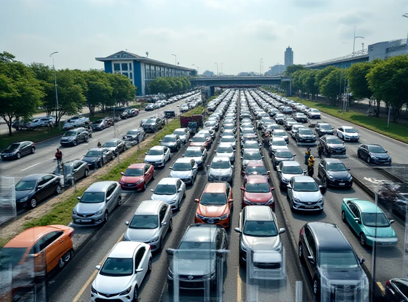 Cars queuing at Johor checkpoint, viewed from above, with QR code scanners visible.