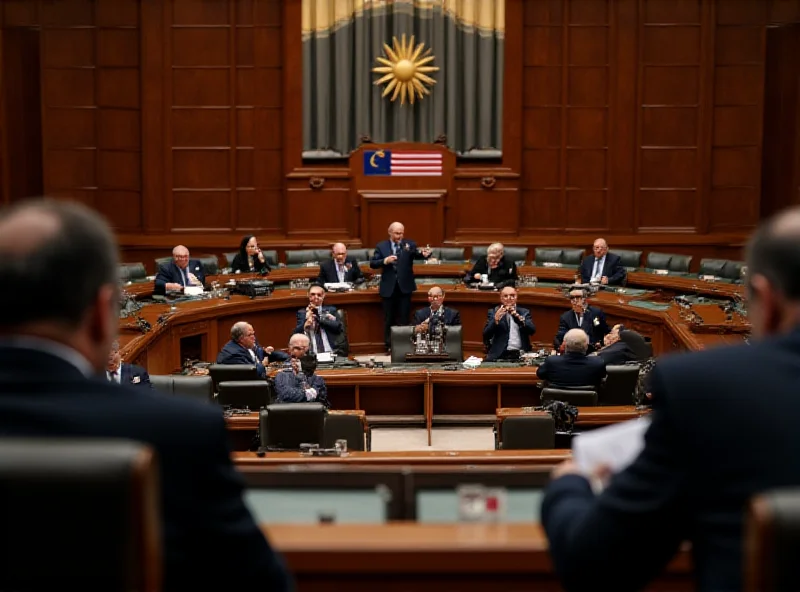 Interior of the Malaysian Parliament building, Dewan Rakyat, during a session with members actively participating in a debate.