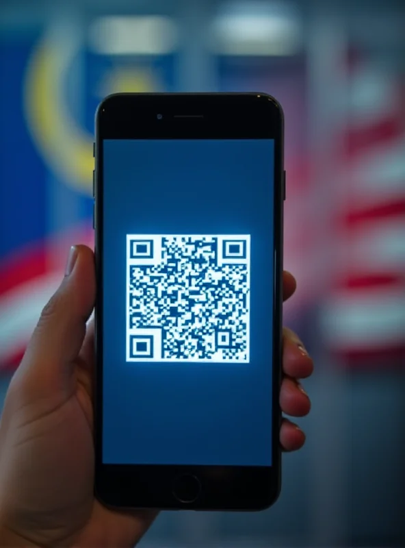 A digital QR code displayed on a smartphone screen, with the Malaysian flag subtly visible in the background.