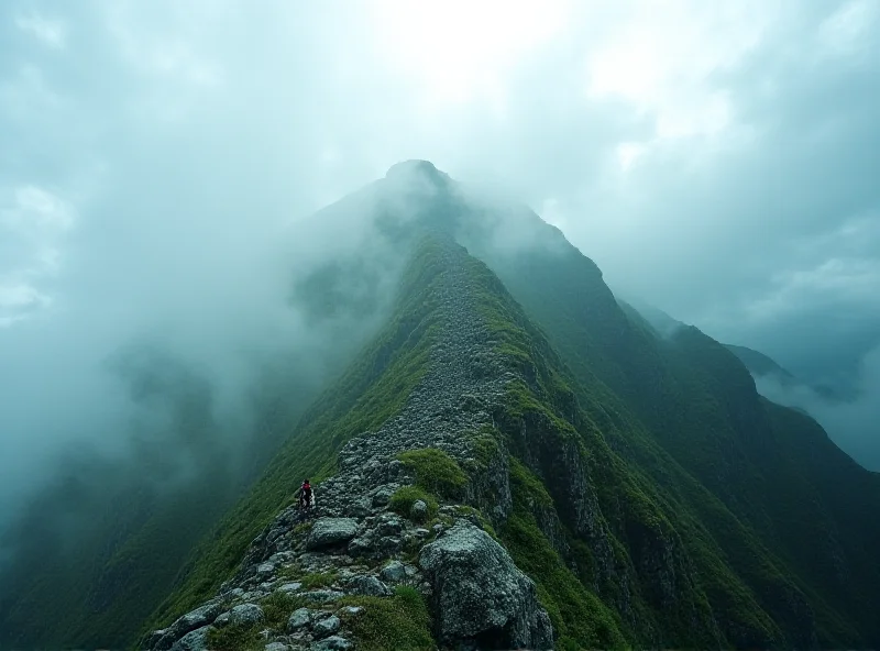 A scenic view of Mount Kinabalu shrouded in mist. Climbers are seen ascending the rocky terrain.