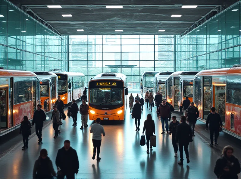 A modern, bustling transport terminal with buses, taxis, and commuters moving about. The terminal has a clean and efficient design.