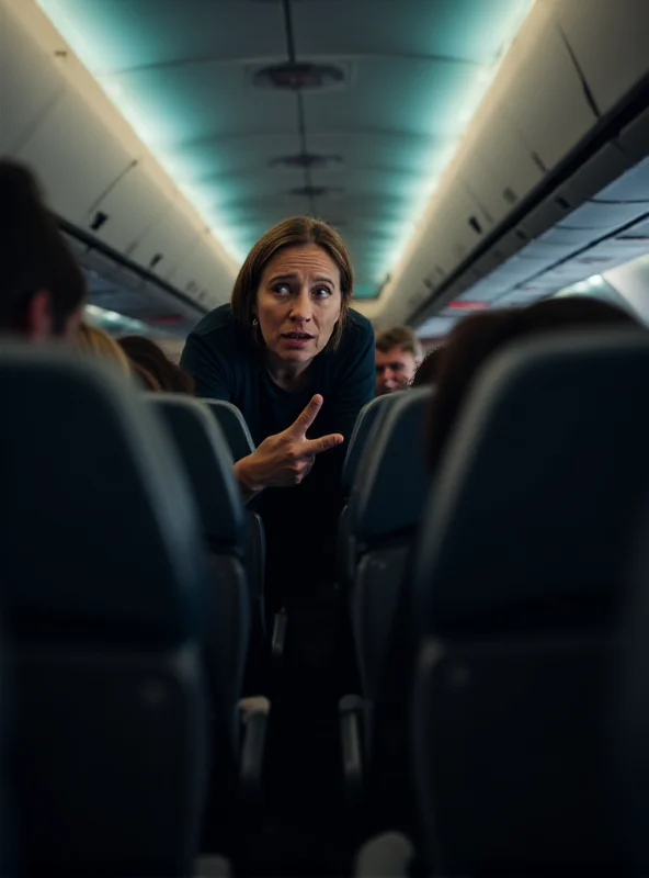 Interior of an airplane cabin. A passenger is looking disturbed, pointing towards the seat in front of them with a questioning expression.