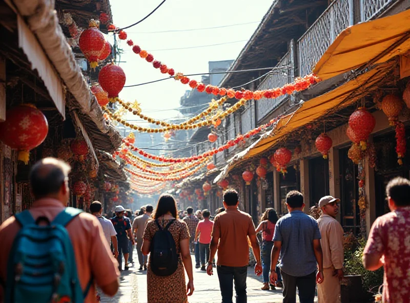 A bustling Penang street scene with festive decorations