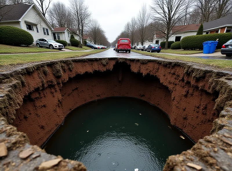 Image of a large sinkhole in a residential area with houses in the background