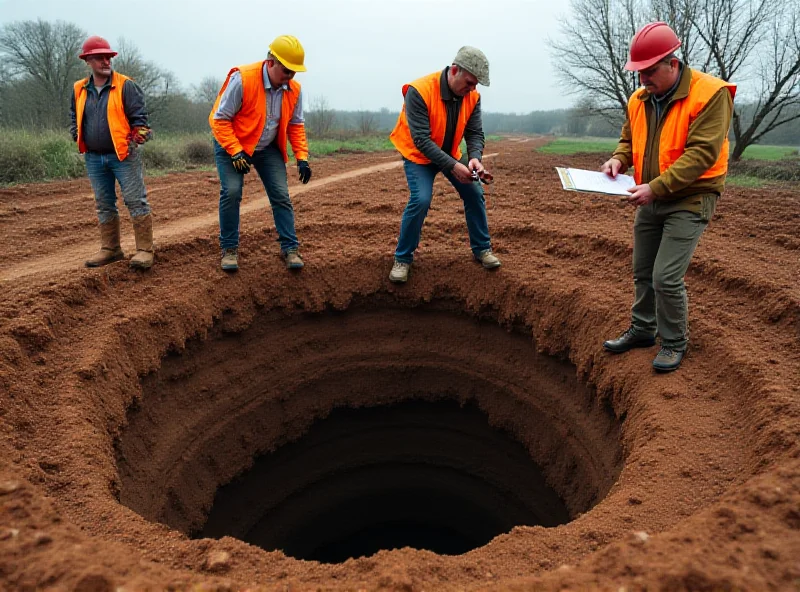 Image of a geological survey team examining a sinkhole, using measuring tools and taking notes