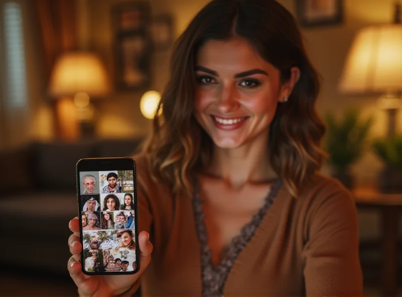 A young woman looking happily at her phone, with images of family members visible in the background, suggesting a social media reconnection.