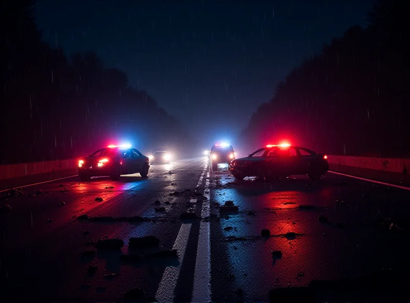 A nighttime scene of a car crash, with emergency vehicles and flashing lights illuminating the area. Debris is scattered around the scene.