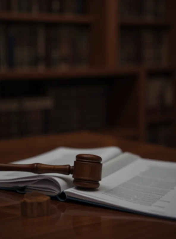 A blurred image of a courtroom setting, with a gavel and legal documents visible. The scene suggests a legal proceeding or trial.