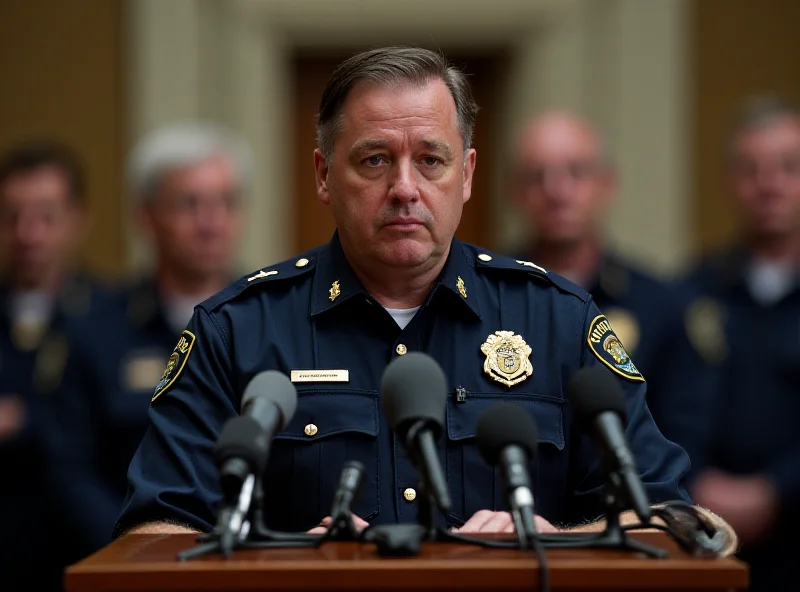 Police officer in uniform addressing the media during a press conference, microphones in front of him, serious expression.