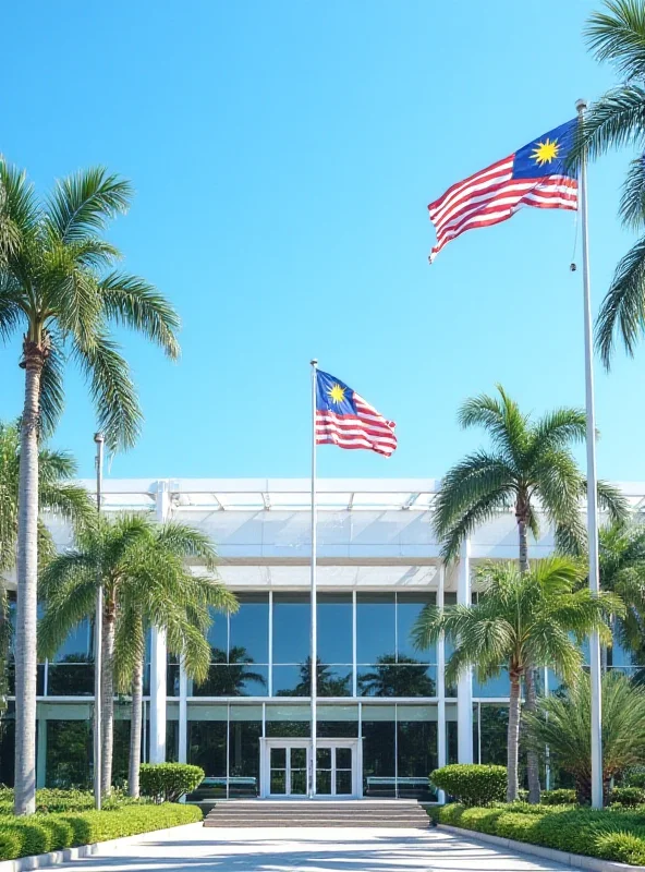 Exterior view of a courthouse in Malaysia, with palm trees and a Malaysian flag waving in the background.