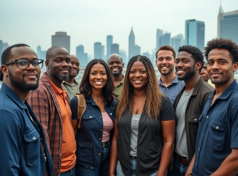 A group of diverse foreign workers in Malaysia standing together, smiling and looking towards the camera, with a cityscape in the background.