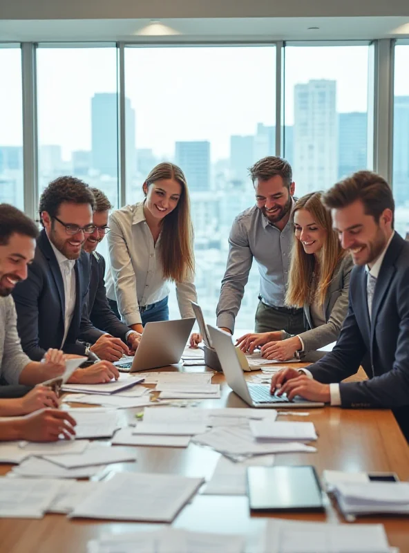 A diverse group of workers in a modern office setting, smiling and engaged in their work.