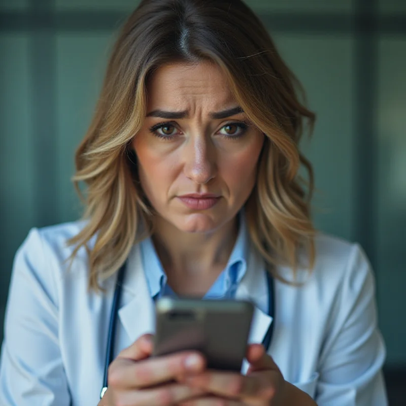 A concerned woman looking at her phone, representing the doctor who was scammed