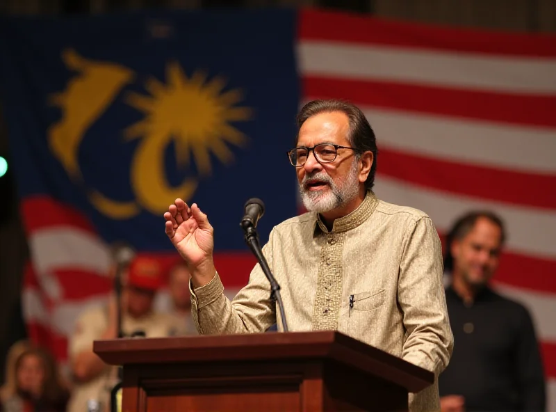 Anwar Ibrahim speaking at a podium with a Malaysian flag in the background.