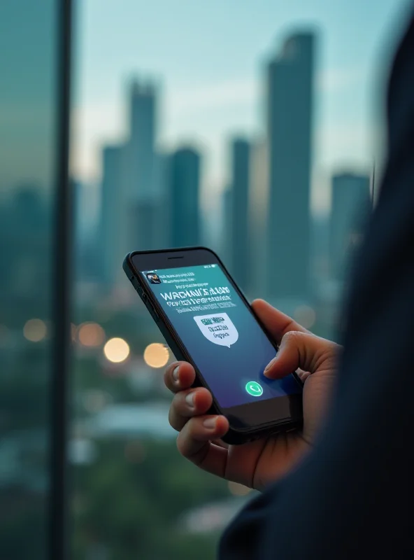 A concerned individual looking at a smartphone displaying a scam call warning, with a blurred cityscape of Kuala Lumpur in the background.