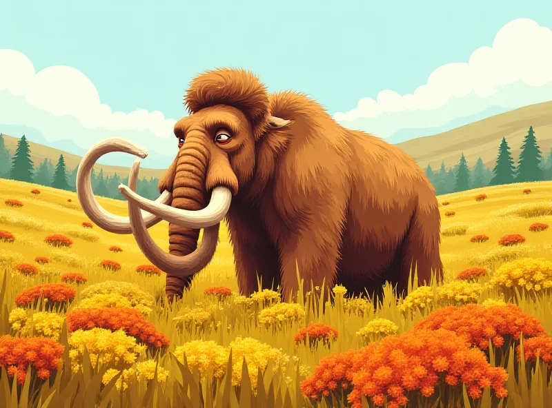 Illustration of a woolly mammoth sneezing amidst a field of pollen-producing plants.