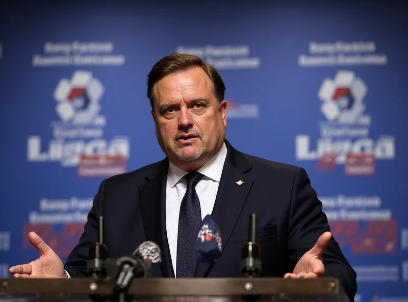 Javier Tebas giving a press conference with the La Liga logo in the background.