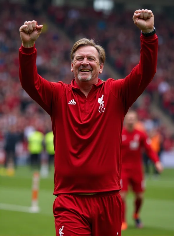 Arne Slot celebrating a Liverpool victory with his arms raised.