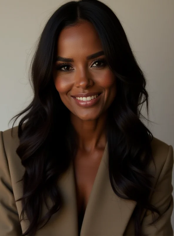 Maya Jama smiling and looking stylish.