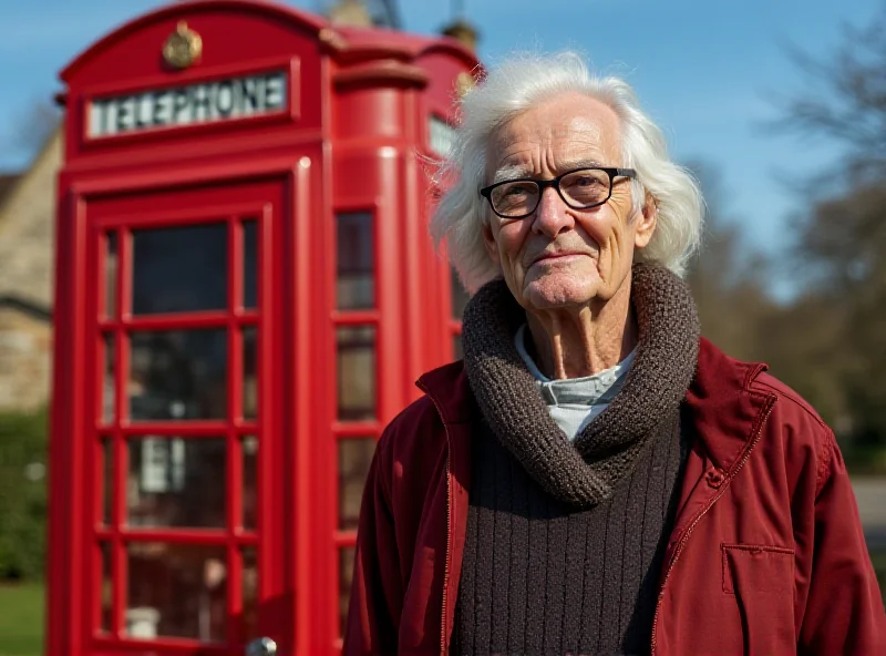 Derek Harris standing proudly next to the red phone box in Sharrington, Norfolk.