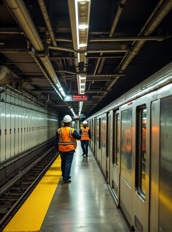 Interior of a subway station with a missing ceiling panel, surrounded by caution tape and workers inspecting the area.