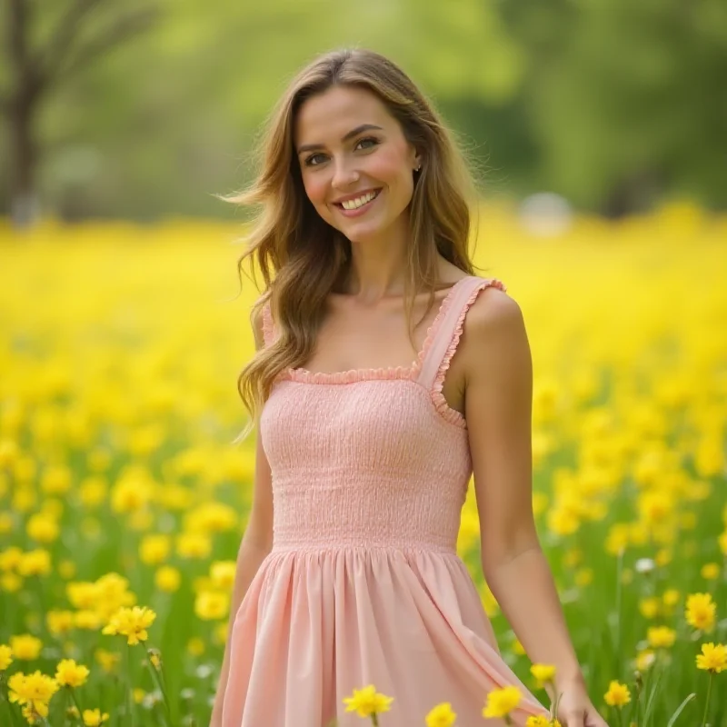 A woman wearing a flowy Easter dress in a field of spring flowers.