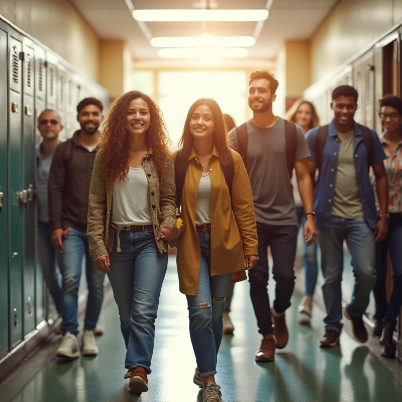 A diverse group of high school students walking through a school hallway, representing the student body and educational environment.