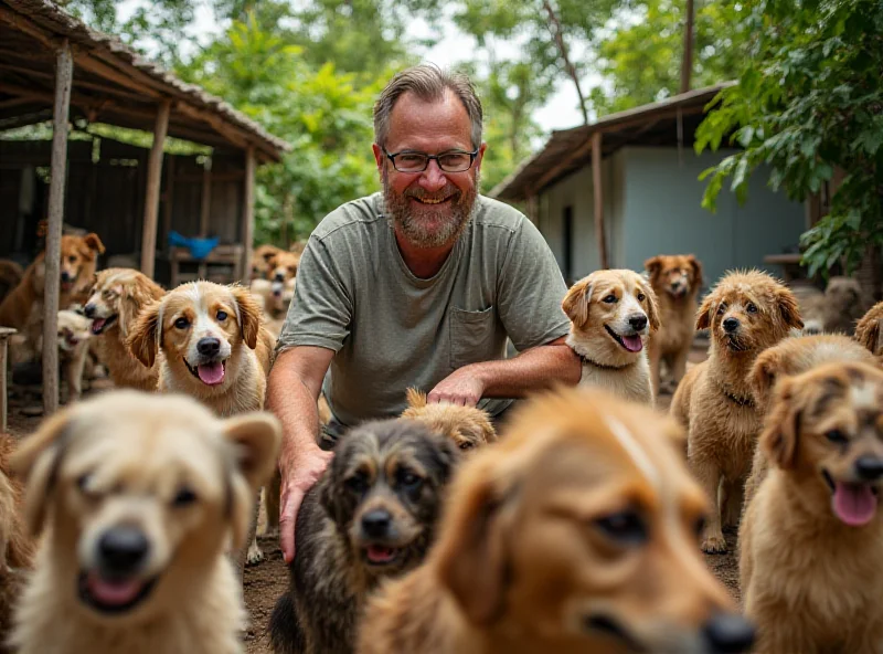 Niall Harbison surrounded by rescued dogs in Thailand