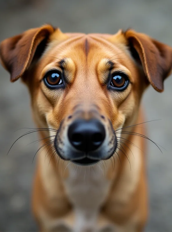 Close-up of a rescued dog looking at the camera with hopeful eyes