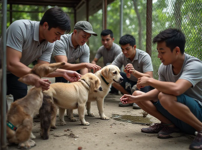 Group of volunteers caring for rescued dogs in a shelter in Thailand