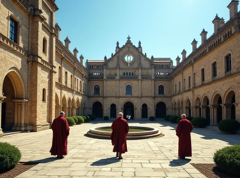 A serene image of a Catholic monastery with stone walls and a peaceful courtyard. Monks are walking silently in the background.