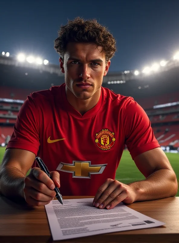 An artist's rendering of a new football striker signing a contract with Manchester United, with the Old Trafford stadium in the background.